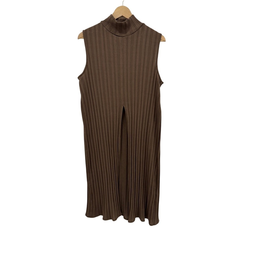 Zara Ribbed Knit Sleeveless Turtleneck Midi Dress Front‎ Slit Brown Size M